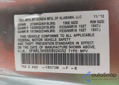 2013 Honda Odyssey Touring/Touring Elite from USA, damaged, VIN 5FNRL5H99DB024352